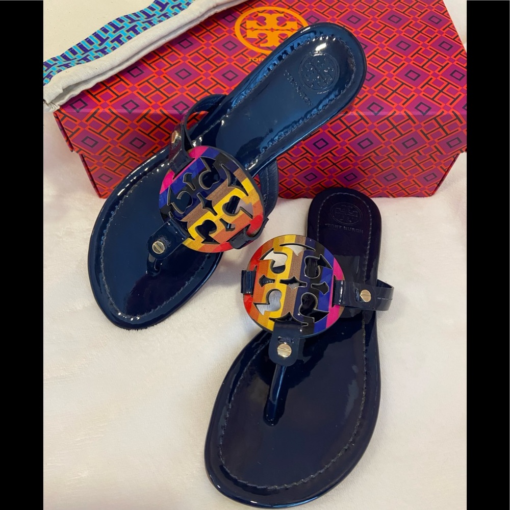 Tory Burch Navy with Rainbow Stripes Miller - Size 7